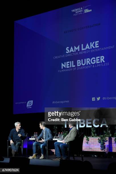 Filmmaker Neil Burger, writer Sam Lake and moderator Chris Suellentrop speak at the Tribeca Games Festival during Tribeca Film Festival at Spring...