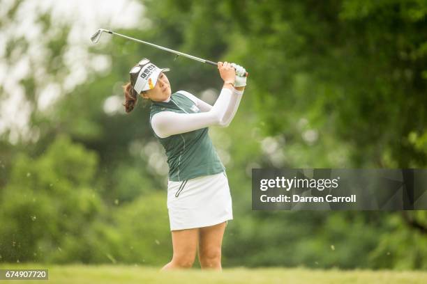 Mi Jung Hur of South Korea plays her tee shot at the thirteenth hole during the third round of the Volunteers of America North Texas Shootout at Las...