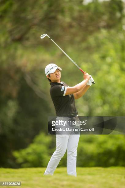 Haru Nomura of Japan plays her tee shot at the thirteenth hole during the third round of the Volunteers of America North Texas Shootout at Las...