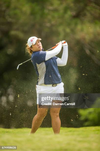 Ariya Jutanugarn of Thailand plays her tee shot at the thirteenth hole during the third round of the Volunteers of America North Texas Shootout at...