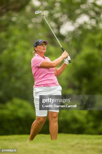 Angela Stanford of the United States plays her tee shot at the thirteenth hole during the third round of the Volunteers of America North Texas...