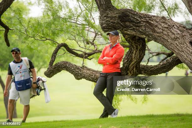 Suzann Pettersen of Norway waits in the eighteenth fairway during the third round of the Volunteers of America North Texas Shootout at Las Colinas...