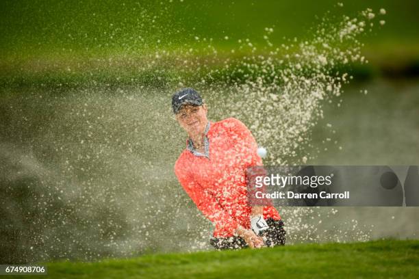 Suzann Pettersen of Norway plays her second shot from a bunker at the thirteenth hole during the third round of the Volunteers of America North Texas...