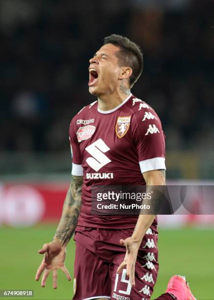 Manuel Iturbe of FC Torino celebrates a goal during the Serie A match between FC Torino and UC Sampdoria at Stadio Olimpico di Torino on April 29,...