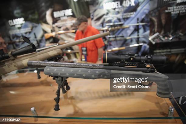 Custom Remington guns are displayed at the 146th NRA Annual Meetings & Exhibits on April 29, 2017 in Atlanta, Georgia. With more than 800 exhibitors,...