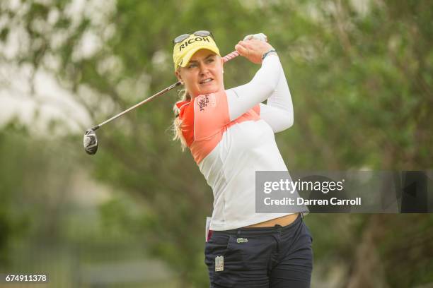 Charley Hull of England plays her tee shot at the second hole during the third round of the Volunteers of America North Texas Shootout at Las Colinas...