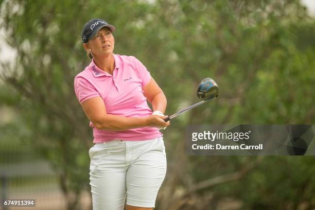 Angela Stanford of the United States plays her tee shot at the second hole during the third round of the Volunteers of America North Texas Shootout...