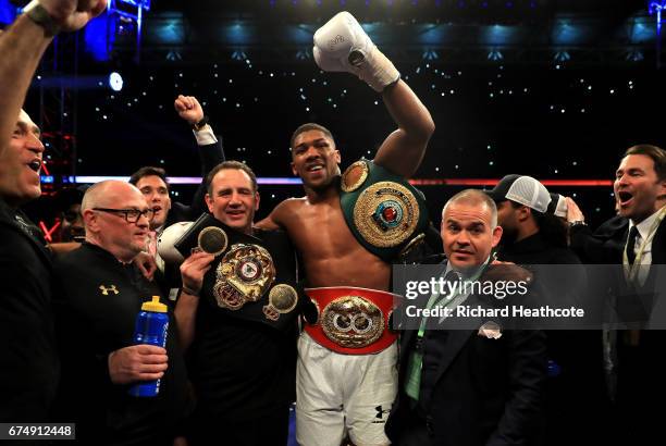 Anthony Joshua celebrates victory over Wladimir Klitschko in the IBF, WBA and IBO Heavyweight World Title bout at Wembley Stadium on April 29, 2017...