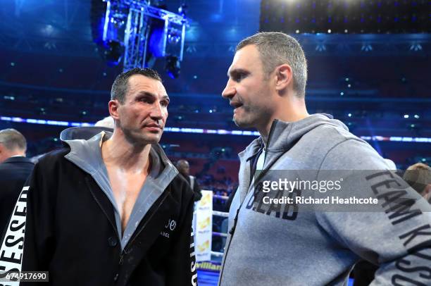 Wladimir Klitschko and his brother Vitali Klitschko speak after defeat to Anthony Joshua in the IBF, WBA and IBO Heavyweight World Title bout at...
