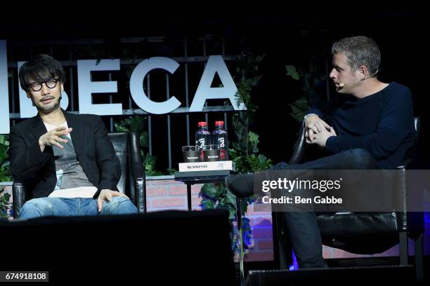 Video game designer Hideo Kojima and journalist Geoff Keighley speak at the Tribeca Games Festival during Tribeca Film Festival at Spring Studios on...