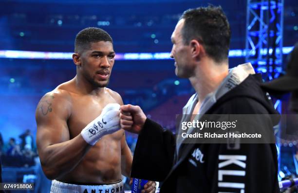 Anthony Joshua and Wladimir Klitschko show eachother respect after the IBF, WBA and IBO Heavyweight World Title bout at Wembley Stadium on April 29,...