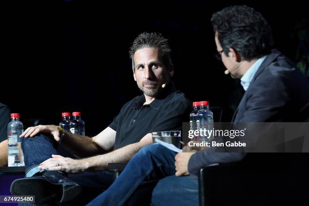 Video game designer Ken Levine and journalist Clive Thompson speak at the Tribeca Games Festival during Tribeca Film Festival at Spring Studios on...