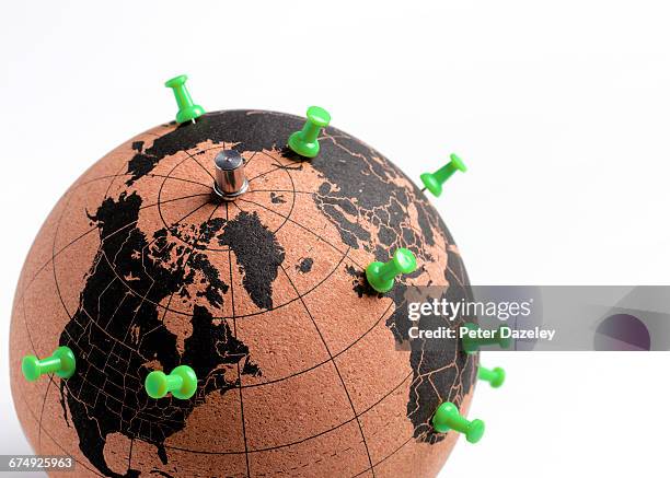 globe with push pin destinations - capitals stock-fotos und bilder