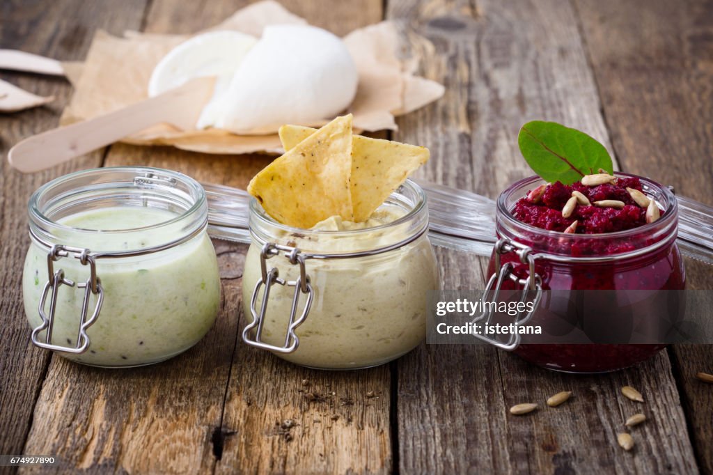 Healthy green yoghurt smoothie and beetroot dip
