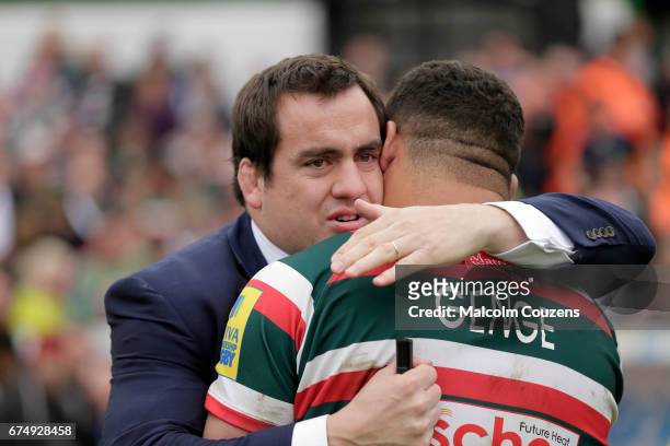 Marcos Ayerza of Leicester Tigers hugs Ellis Genge following the Aviva Premiership match between Leicester Tigers and Sale Sharks at Welford Road on...