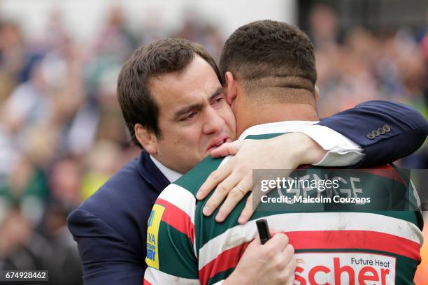 Marcos Ayerza of Leicester Tigers hugs Ellis Genge following the Aviva Premiership match between Leicester Tigers and Sale Sharks at Welford Road on...