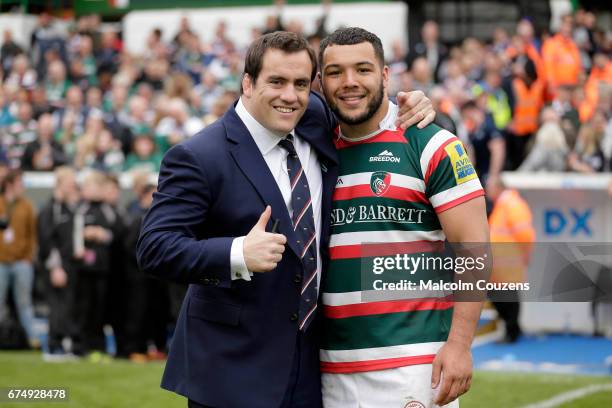 Marcos Ayerza of Leicester Tigers poses for a photograph with Ellis Genge following the Aviva Premiership match between Leicester Tigers and Sale...