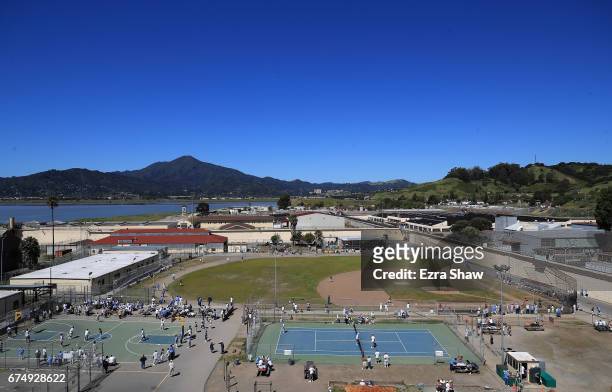 General view of the Club Mexico baseball team from Stockton, California, playing against the San Quentin Athletics at San Quentin State Prison on...