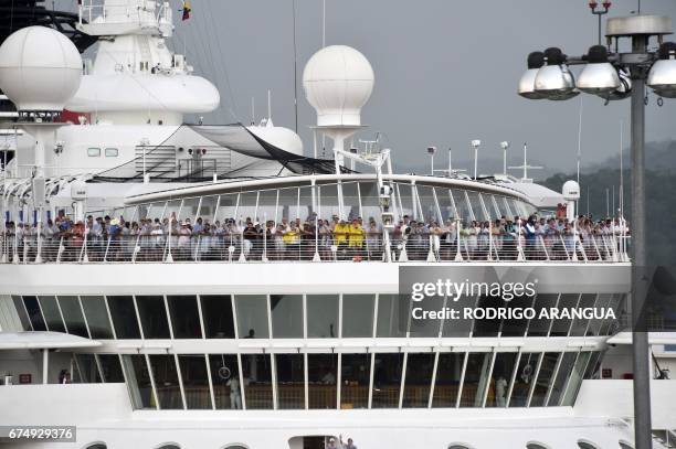 View of the "Disney Wonder", the first-ever cruise ship to go through the expanded locks of the Panama Canal, at the Cocoli locks in Panama City on...