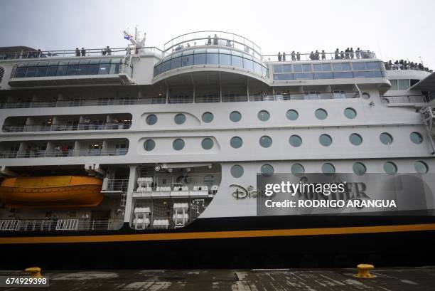 View of the "Disney Wonder", the first-ever cruise ship to go through the expanded locks of the Panama Canal, at the Cocoli locks in Panama City on...