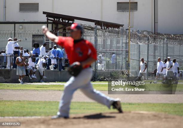 Pitcher for Club Mexico pitches to the San Quentin Athletics on April 29, 2017 in San Quentin, California. Prisoners at San Quentin State Prison have...