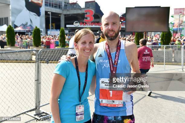 Competitor Scott Wietecha and wife Mary celebrate after finishing the St. Jude Rock 'n' Roll Nashville Marathon on April 29, 2017 in Nashville,...