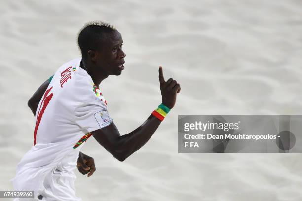 Ibrahima Balde of Senegal celebrates scoring a goal during the FIFA Beach Soccer World Cup Bahamas 2017 group A match between Senegal and Bahamas at...