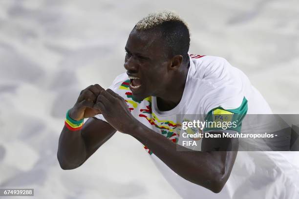 Ibrahima Balde of Senegal celebrates scoring a goal during the FIFA Beach Soccer World Cup Bahamas 2017 group A match between Senegal and Bahamas at...