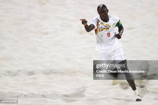 Ibrahima Balde of Senegal celebrates scoring a goal during the FIFA Beach Soccer World Cup Bahamas 2017 group A match between Senegal and Bahamas at...