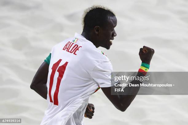 Ibrahima Balde of Senegal celebrates scoring a goal during the FIFA Beach Soccer World Cup Bahamas 2017 group A match between Senegal and Bahamas at...