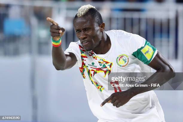 Ibrahima Balde of Senegal celebrates a goal during the FIFA Beach Soccer World Cup Bahamas 2017 group A match between Senegal and Bahamas at National...