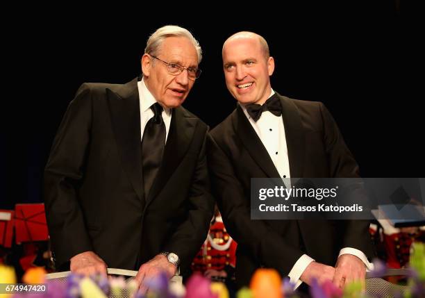 Journalist Bob Woodward and Jeff Mason pose on stage during the 2017 White House Correspondents' Association Dinner at Washington Hilton on April 29,...