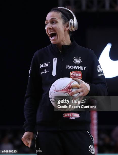 Ashleigh Brazill of the Magpies warms up prior to the round 10 Super Netball match between the Magpies and the Firebirds at the Silverdome on April...