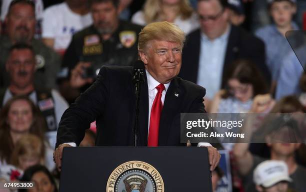 President Donald Trump speaks to supporters during a "Make America Great Again Rally" at the Pennsylvania Farm Show Complex & Expo Center April 29,...