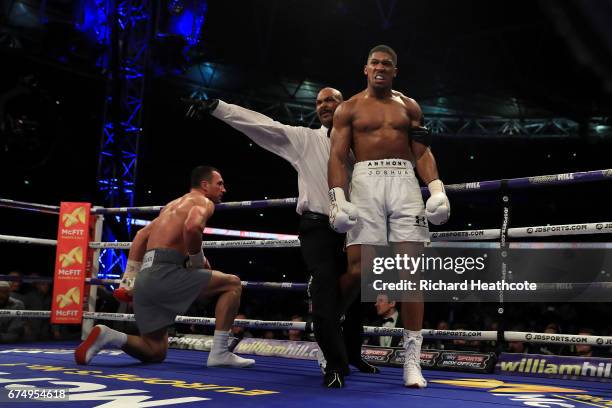 Anthony Joshua puts Wladimir Klitschko down in the 5th round during the IBF, WBA and IBO Heavyweight World Title bout at Wembley Stadium on April 29,...