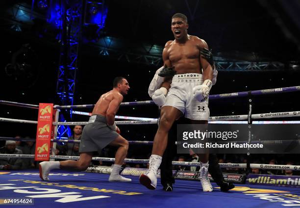 Anthony Joshua puts Wladimir Klitschko down in the 5th round during the IBF, WBA and IBO Heavyweight World Title bout at Wembley Stadium on April 29,...