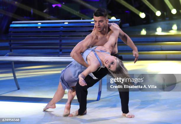 Italian judoka Fabio Basile and his dance partner Anastasia Kuzmina perform on the Italian TV show 'Ballando Con Le Stelle' at Auditorium Rai on...