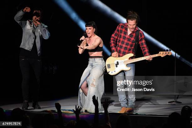Neil Perry, Kimberly Perry and Reid Perry of The Band Perry perform on stage at the Ascend Amphitheater on April 29, 2017 in Nashville, Tennessee.