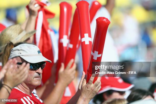 Fans of Switzerland support their team during the FIFA Beach Soccer World Cup Bahamas 2017 group A match between Switzerland and Ecuador at National...