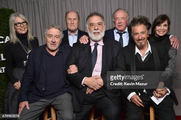Diane Keaton, Robert DeNiro, Robert Duvall, Francis Ford Coppola, James Caan, Al Pacino and Talia Shire pose for a portrait at "The Godfather" 45th...