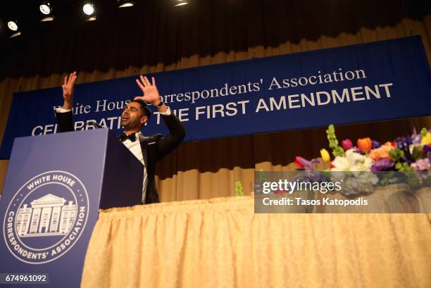 Host, comedian Hasan Minhaj speaks on stage during 2017 White House Correspondents' Association Dinner at Washington Hilton on April 29, 2017 in...