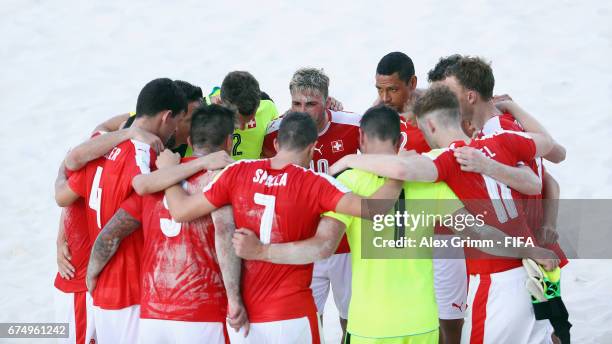 Players of Switzerland huddle after the FIFA Beach Soccer World Cup Bahamas 2017 group A match between Switzerland and Ecuador at National Beach...