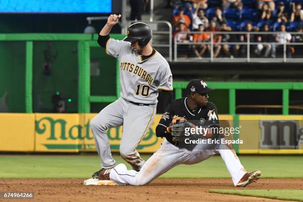 Adeiny Hechavarria of the Miami Marlins makes a force play at 2nd base in the 9th inning against the Miami Marlins at Marlins Park on April 29, 2017...
