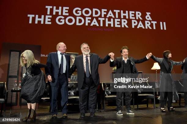 Diane Keaton, James Caan, Francis Ford Coppola, Al Pacino and Talia Shire take a bow onstage during the panel for "The Godfather" 45th Anniversary...