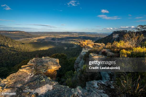 sunset in blue mountains national park. - blue mountains australië stockfoto's en -beelden