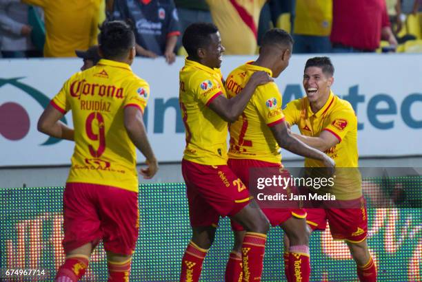 Andy Polo of Morelia celebrates after scoring his team's second goal during the 16th round match between Morelia and Pumas as part of the Torneo...