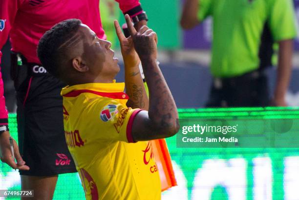 Andy Polo of Morelia celebrates after scoring his team's second goal during the 16th round match between Morelia and Pumas as part of the Torneo...