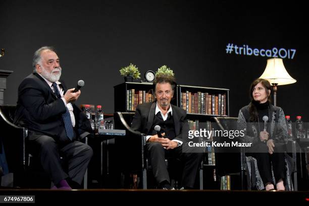 Francis Ford Coppola, Al Pacino and Talia Shire speak onstage during the panel for "The Godfather" 45th Anniversary Screening during 2017 Tribeca...