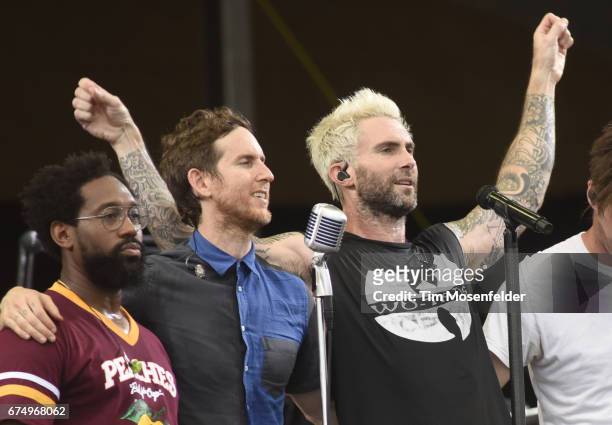 Morton, Jesse Carmichael and Adam Levine of Maroon 5 perform during the 2017 New Orleans Jazz & Heritage Festival at Fair Grounds Race Course on...