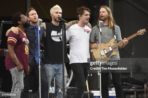 Morton, Jesse Carmichael, Adam Levine, Matt Flynn and James Valentine of Maroon 5 perform during the 2017 New Orleans Jazz & Heritage Festival at...